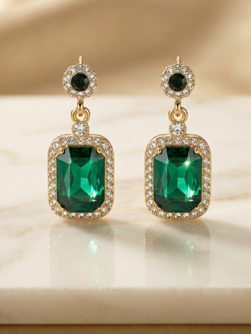 Gold-Tone Emerald Green Crystal Halo Drop Earrings, Statement Jewelry